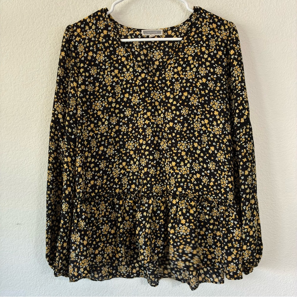 Pleione Black Floral Long-Sleeve Peplum Blouse